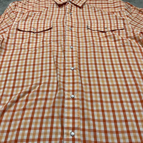 Levis Western Shirt Mens Large Pearl Snap Cowboy Country Retro Orange Plaid Stri - Picture 7 of 13